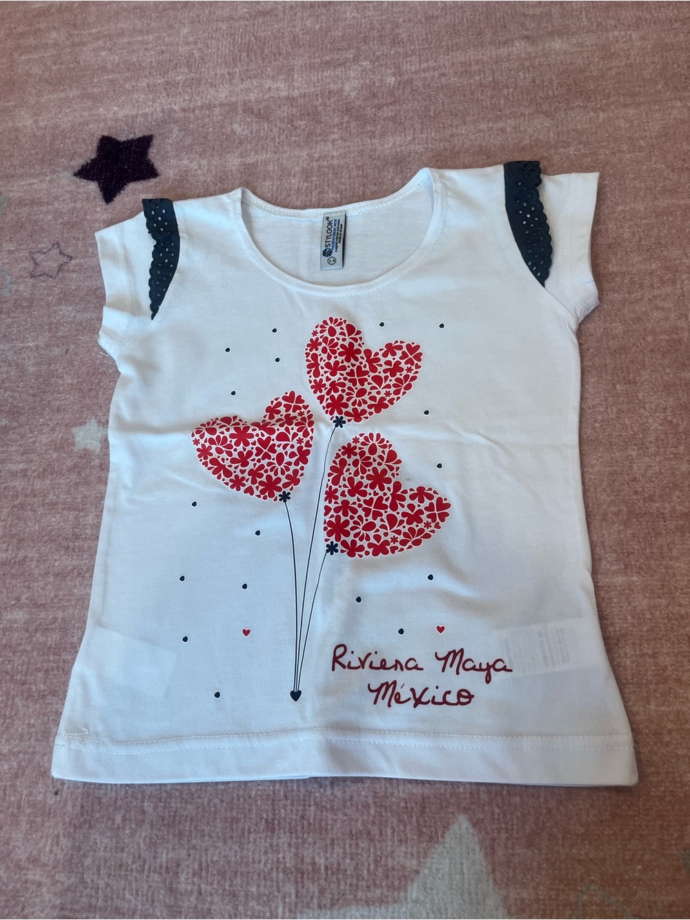 Riviera Maya Mexico White Kids Tee with Red Heart Floral Graphic